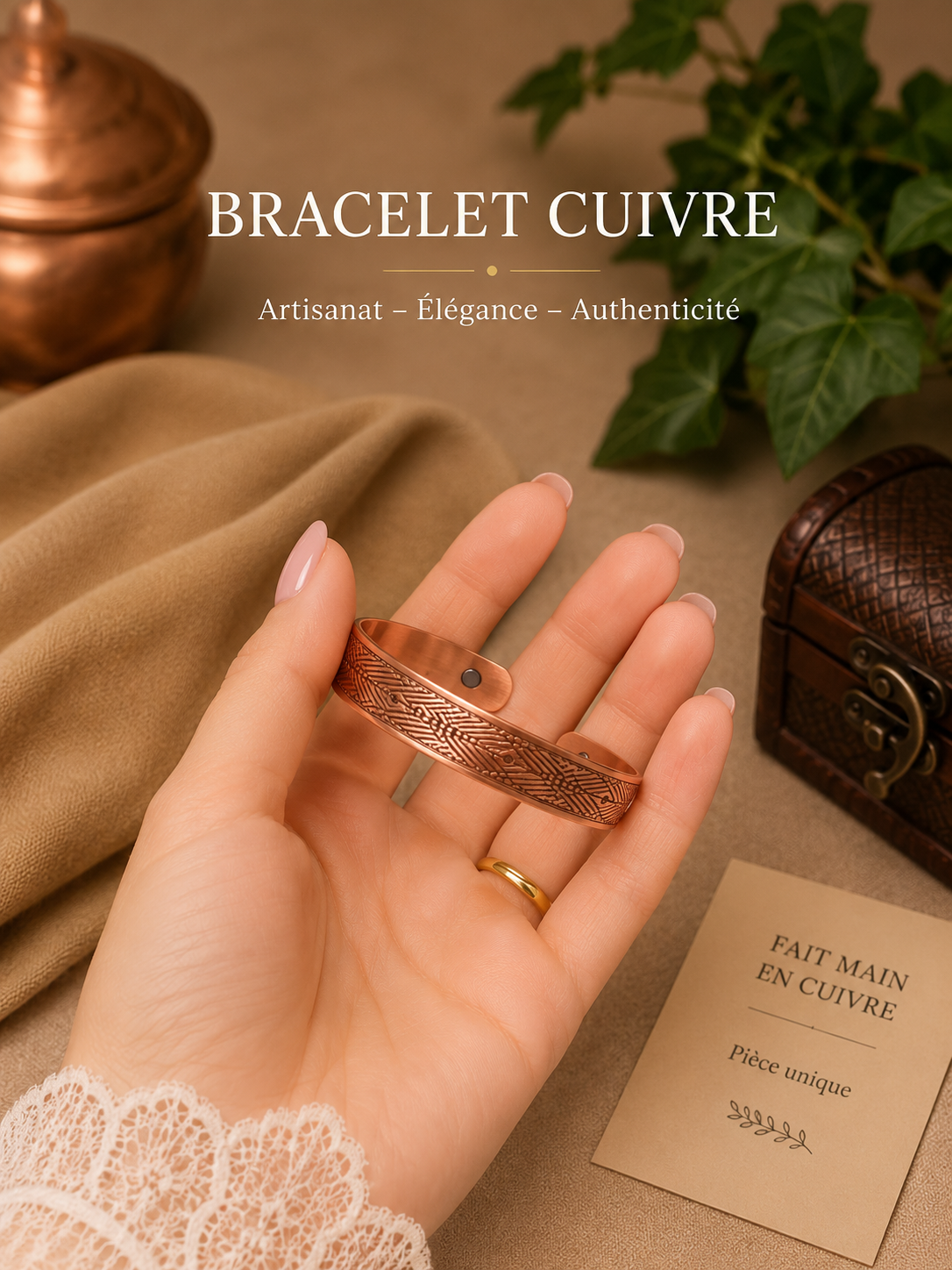 BRACELET CUIVRE RAYURES CROISEES MAGNÉTIQUE